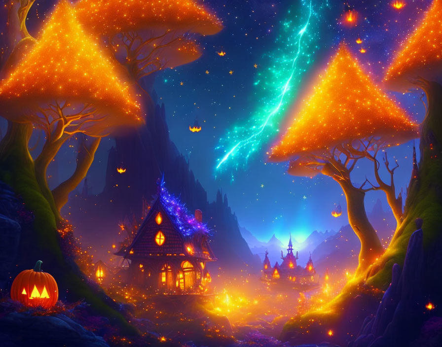 Enchanting night scene: glowing orange trees, cozy cottage, pumpkin, blue shooting star