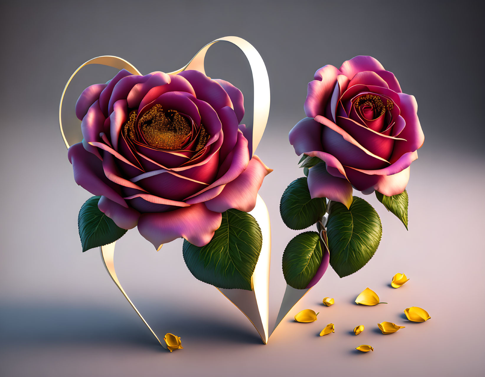 Stylized golden roses with heart-shaped ribbon on gradient background