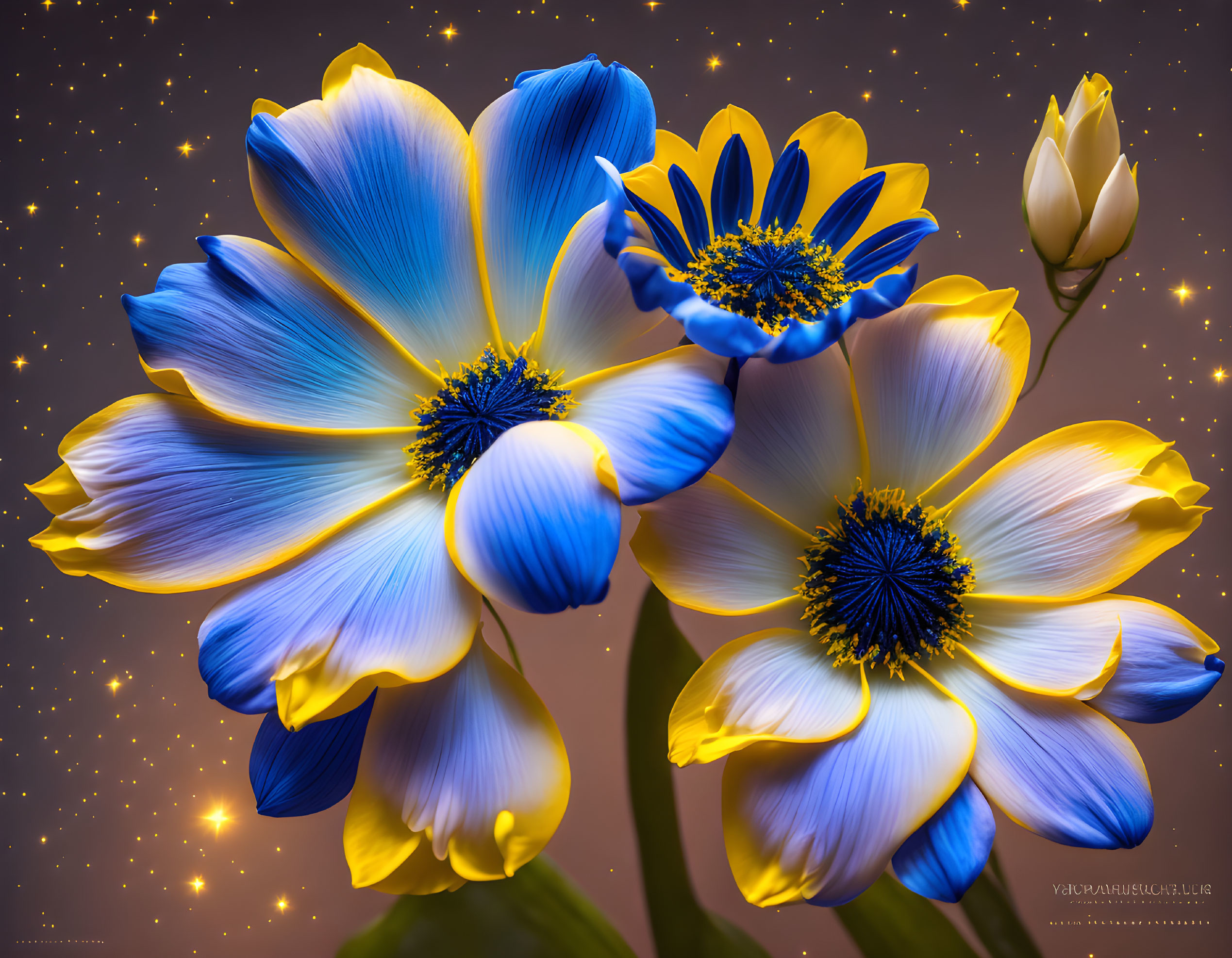 Vibrant Blue and White Flowers with Yellow Centers Against Starry Background