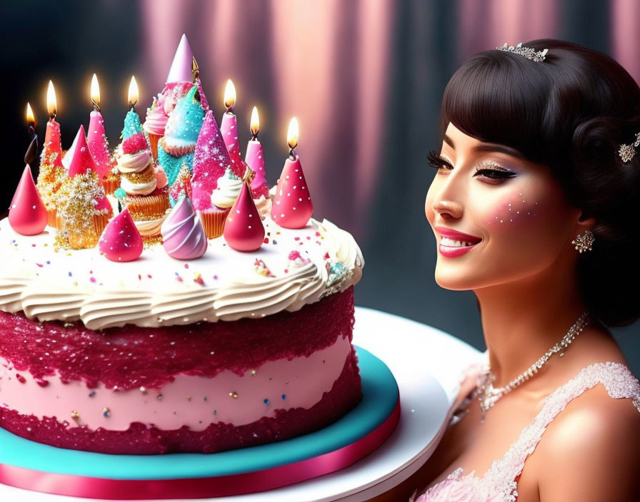 Woman with elegant hairstyle smiling at festive birthday cake with candles and sparkles