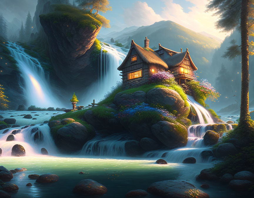 Tranquil fantasy landscape with cottage on lush hillside