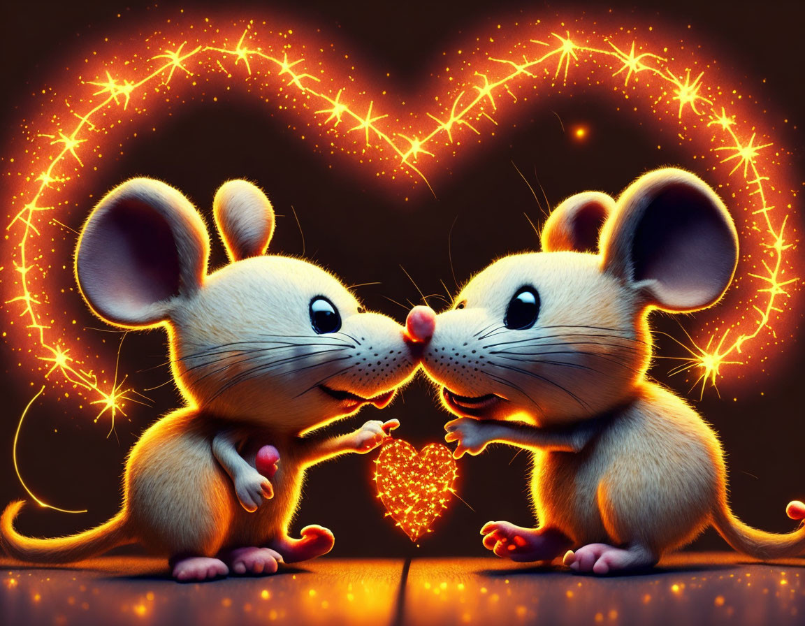 Animated mice holding sparkling heart with glowing heart-shaped background