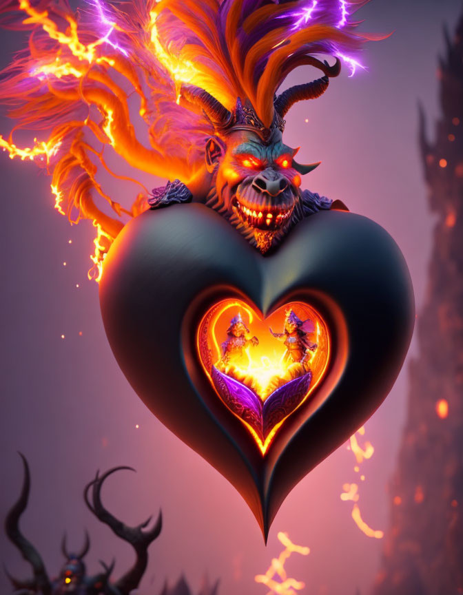 Detailed artwork of demonic visage on heart with fiery mane and sinister figure inside