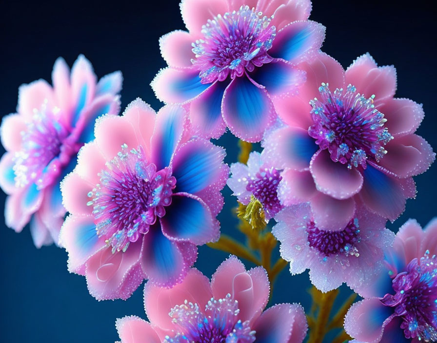 Vibrant Pink and Blue Flowers with Dewdrops on Dark Blue Background