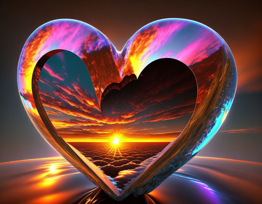 Heart-shaped frame around vibrant sunset with clouds and reflective water