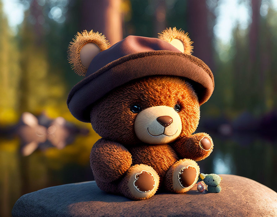 Plush teddy bear with hat and frog on rock in serene forest landscape