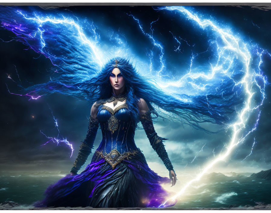 Female sorceress in dark dress with blue energy against stormy sky