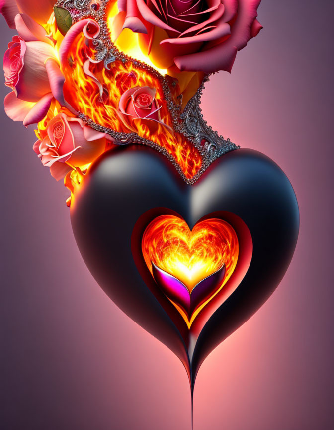 Heart-shaped object with floral patterns, flames, lace, and glowing centerpiece