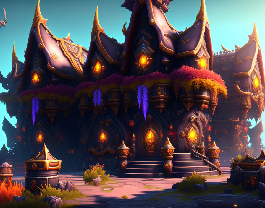 Fantasy castle with dark spires, glowing windows, blue flames, twilight sky
