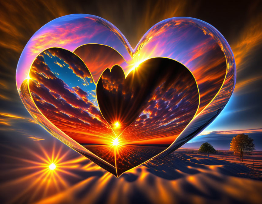 Heart-shaped sunset cutout with vibrant rays and surreal landscape.