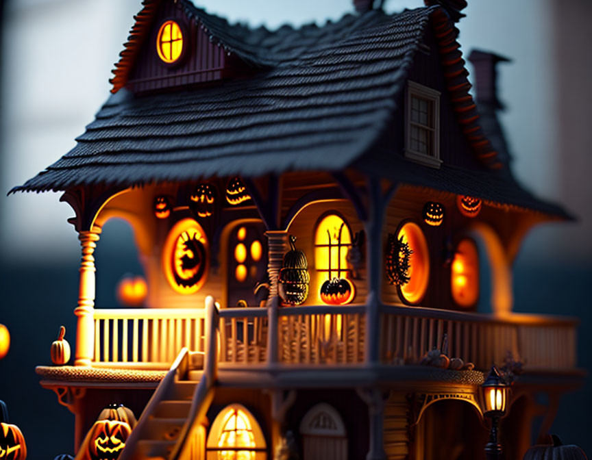 Miniature Halloween House with Pumpkin Decor and Orange Lights