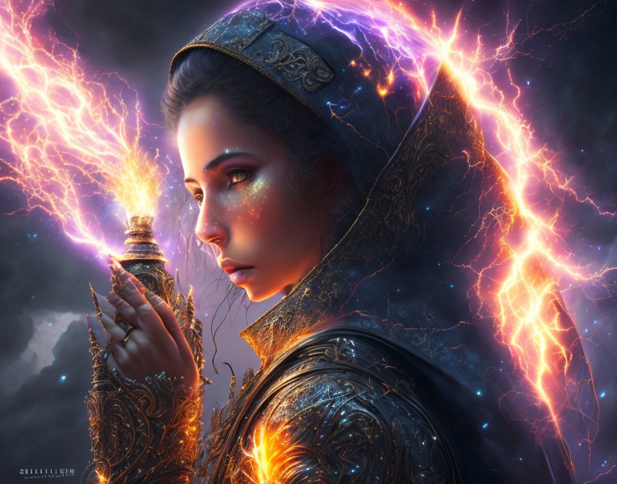 Fantasy portrait of woman in ornate armor with purple lightning in stormy sky