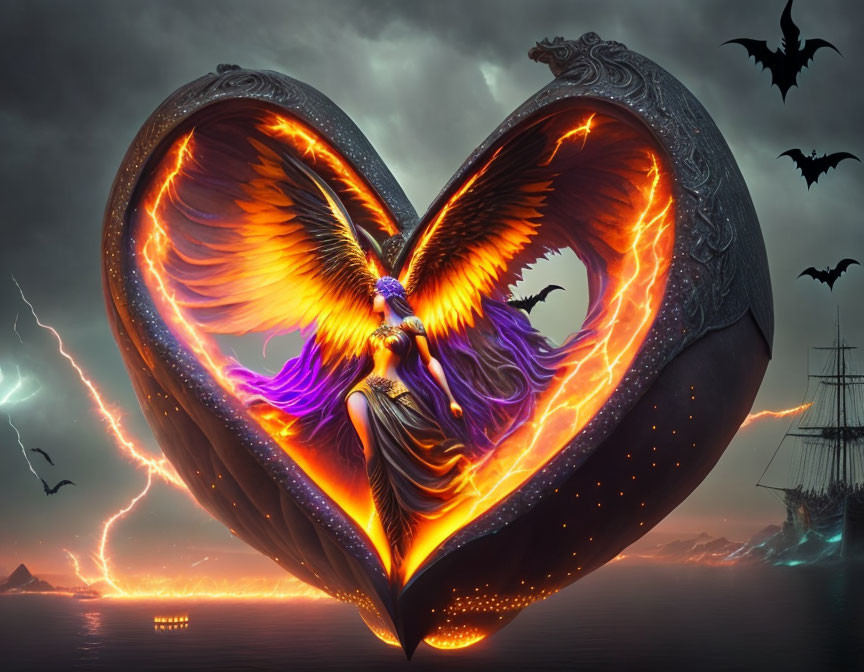 Fantastical winged creature in fiery heart frame with stormy seas, ships, and bats.