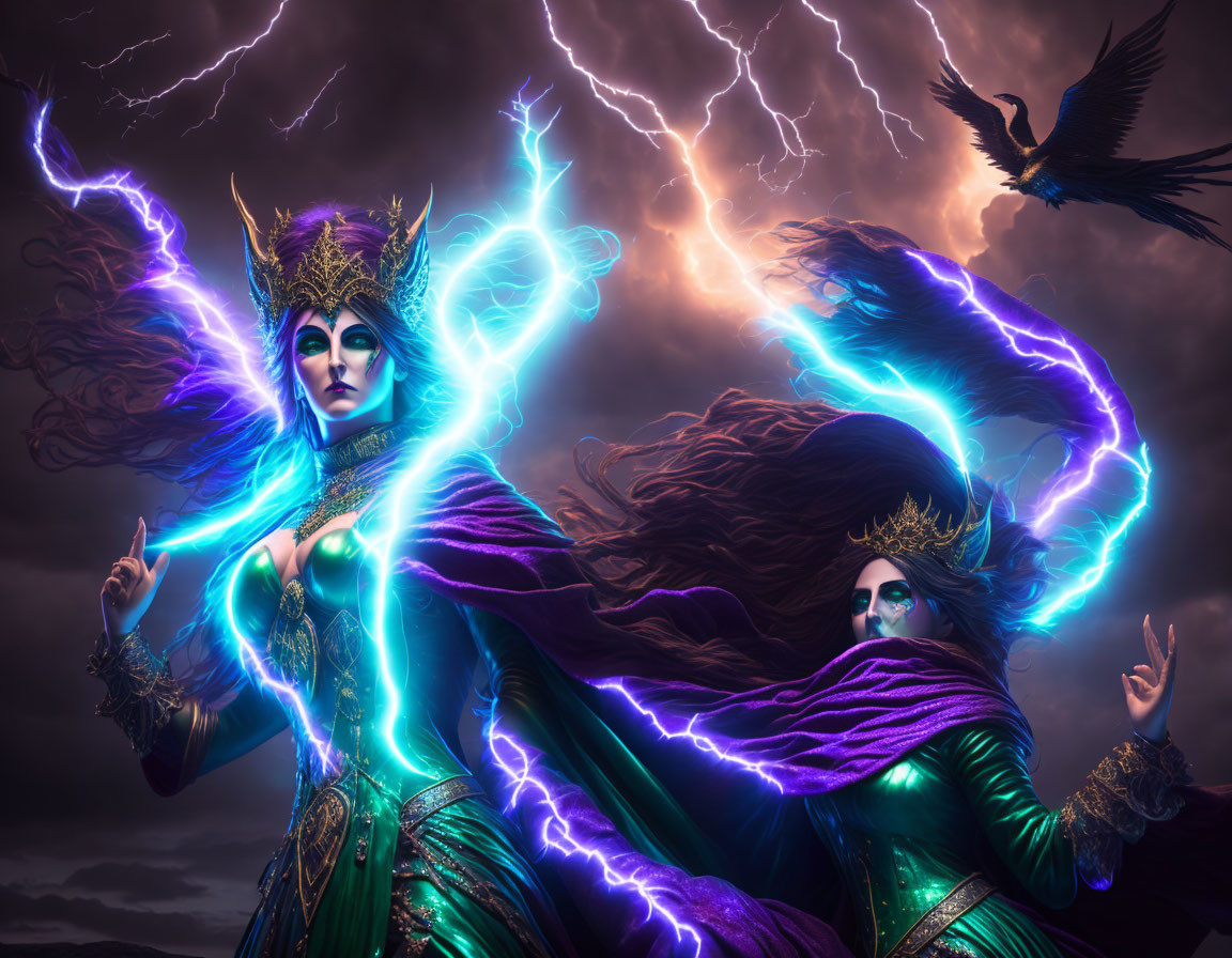 Sorceresses in elaborate costumes with glowing blue magic in stormy sky.