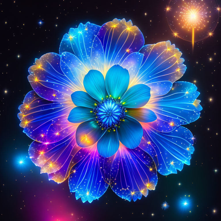 Neon blue and purple flower digital artwork on starry black background