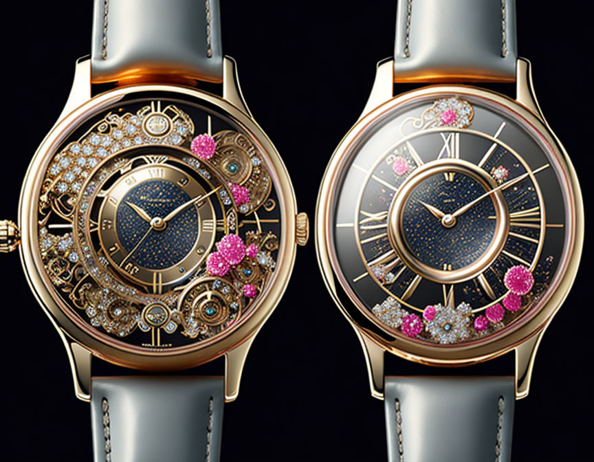 Luxurious Gold Wristwatches with Diamond Embellishments and Pink Floral Designs