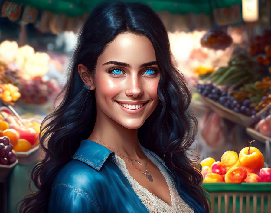 Smiling woman with blue eyes and black hair in fruit market scene