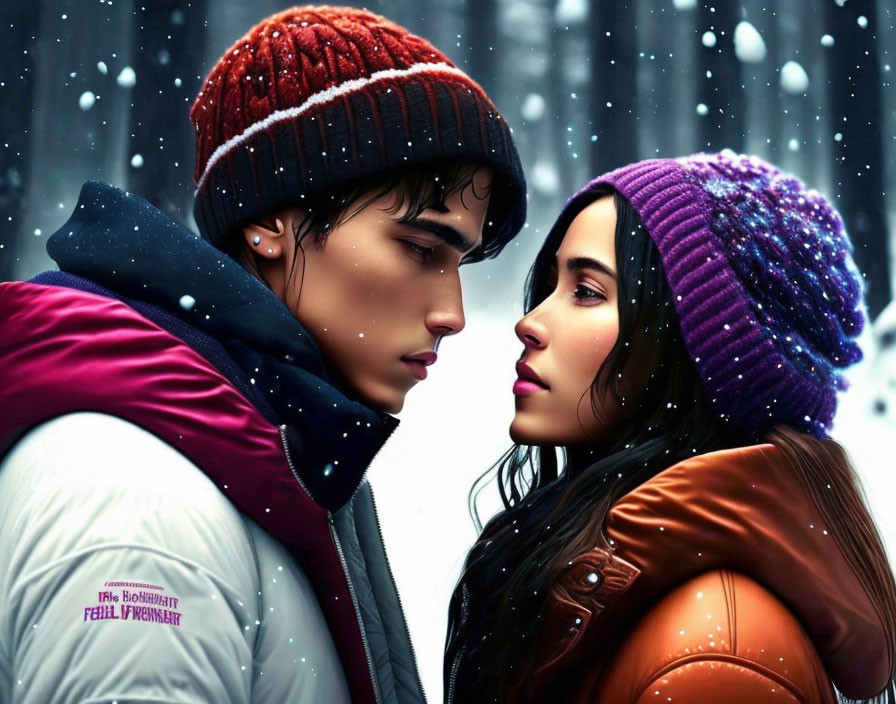 Two individuals in colorful winter attire with snowflakes falling.