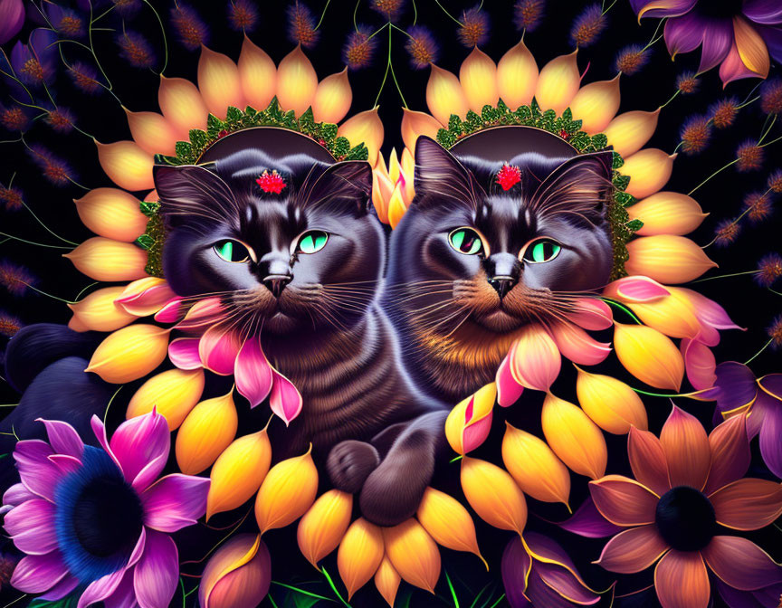 Colorful digital artwork: Two black cats with green eyes, flower crowns, and vibrant flowers.