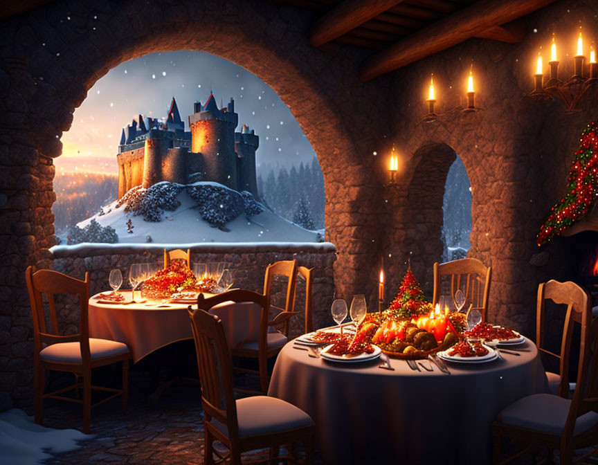 Festive dining setting in snowy castle with decorated tables and holiday feast