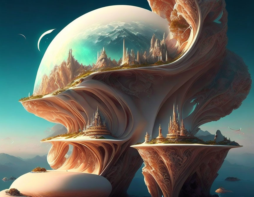 Surreal landscape with mushroom-like structures and crystal-clear dome.