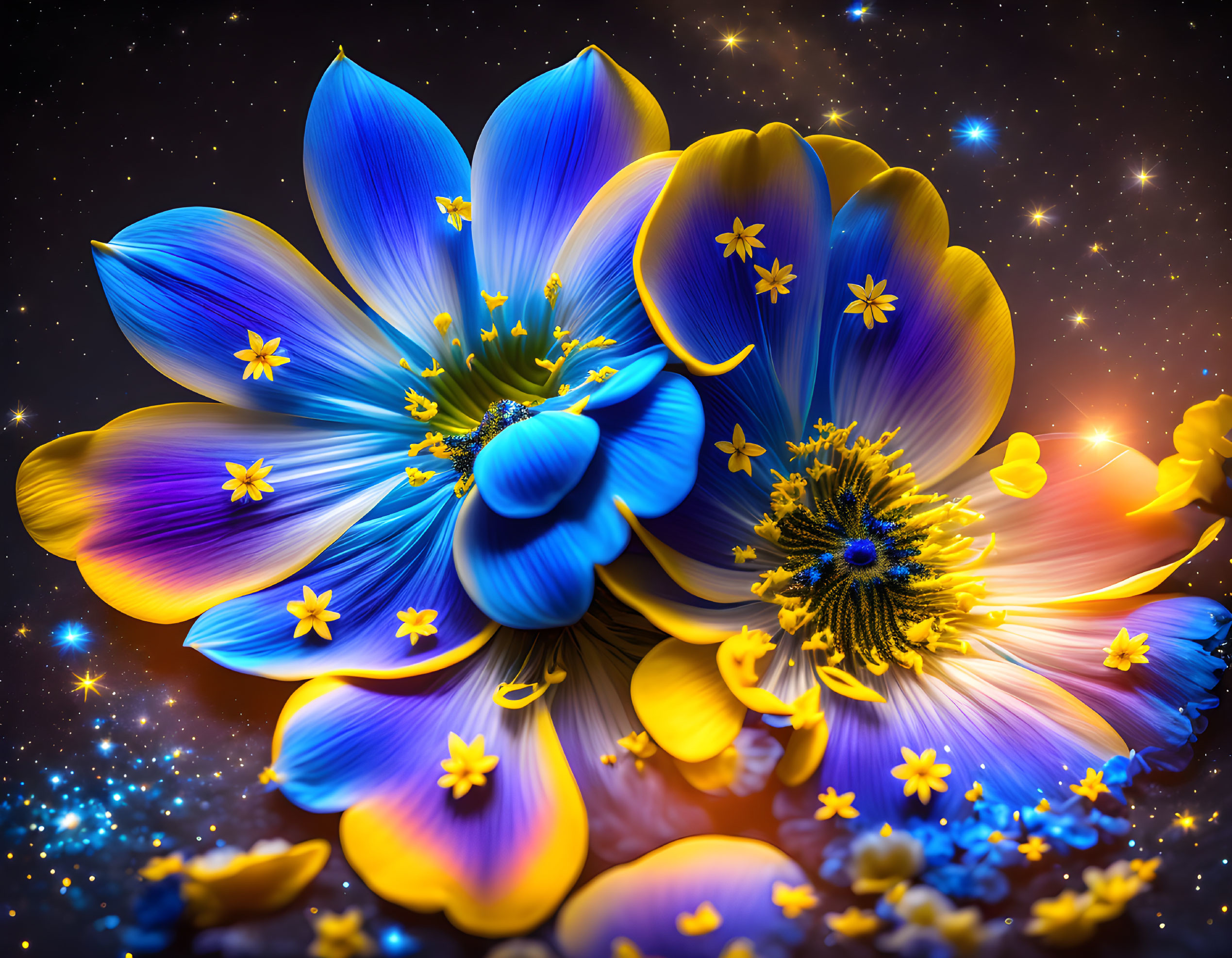 Colorful blue and yellow flowers with glowing hearts on dark cosmic backdrop