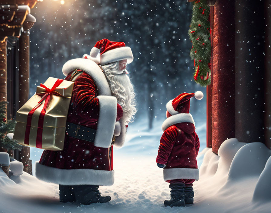 Santa Claus with gift and child in snowy Christmas scene with wreath.