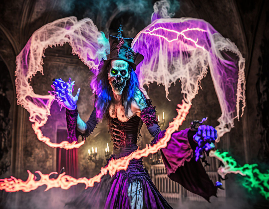 Elaborate witch costume with skull face paint conjuring colorful flames in gothic setting