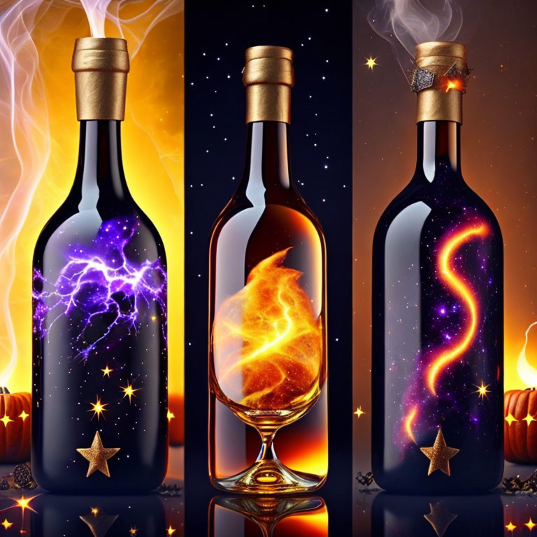 Magical glowing bottles on atmospheric background with pumpkins & stars