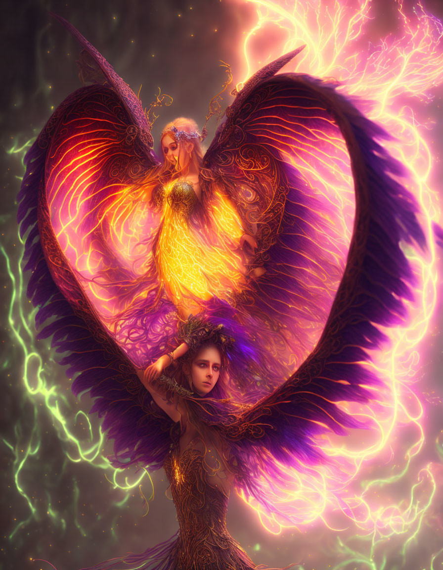 Fantasy artwork: Two characters with bird-like wings in neon lights