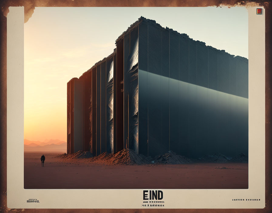 Person walking towards huge mirrored monoliths in desert at dusk