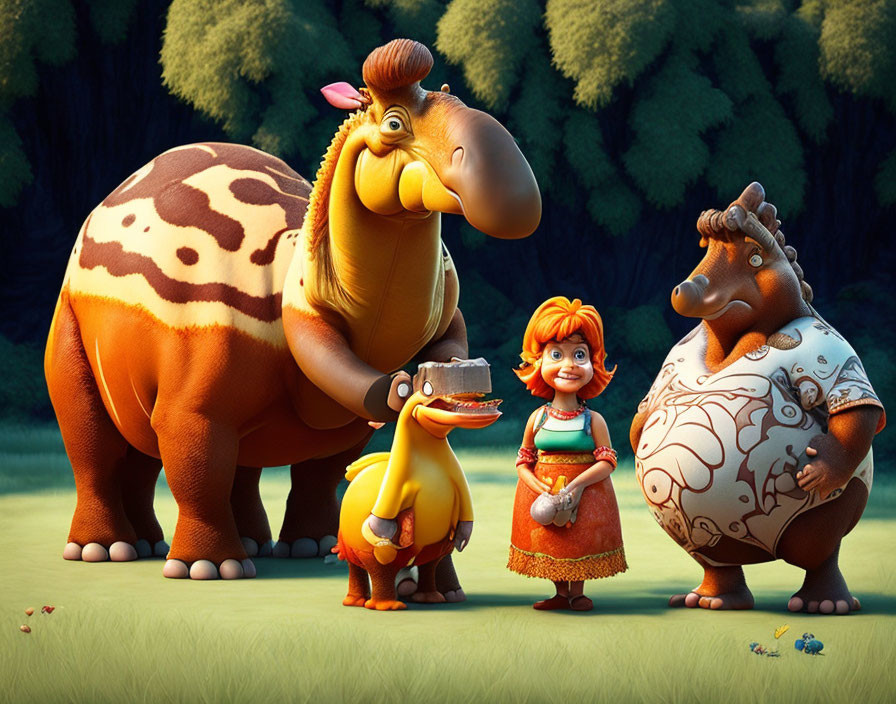 Colorful Animated Scene with Girl & Whimsical Animals