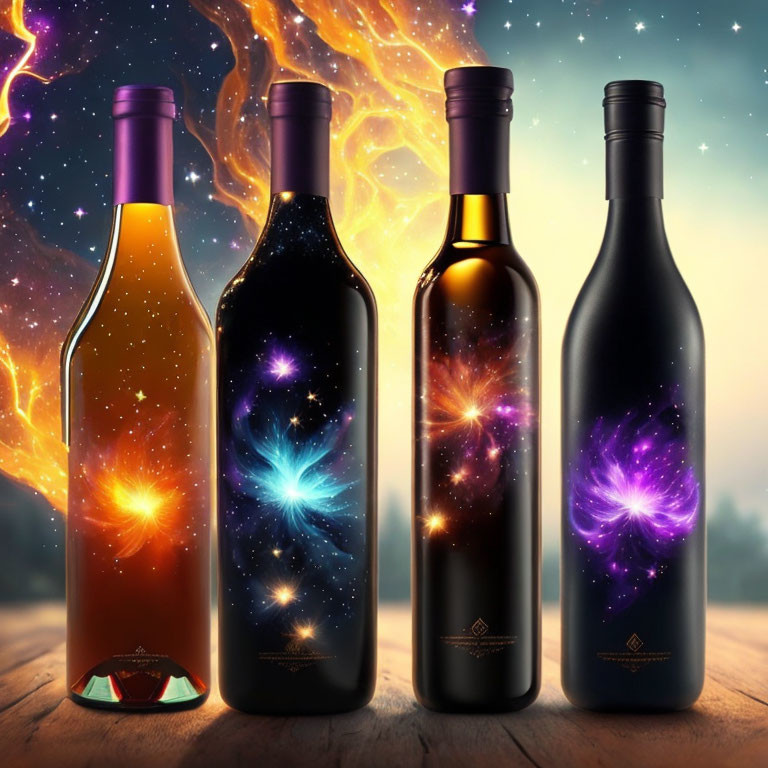 Cosmic Galaxy Wine Bottles on Fiery Background and Wooden Surface