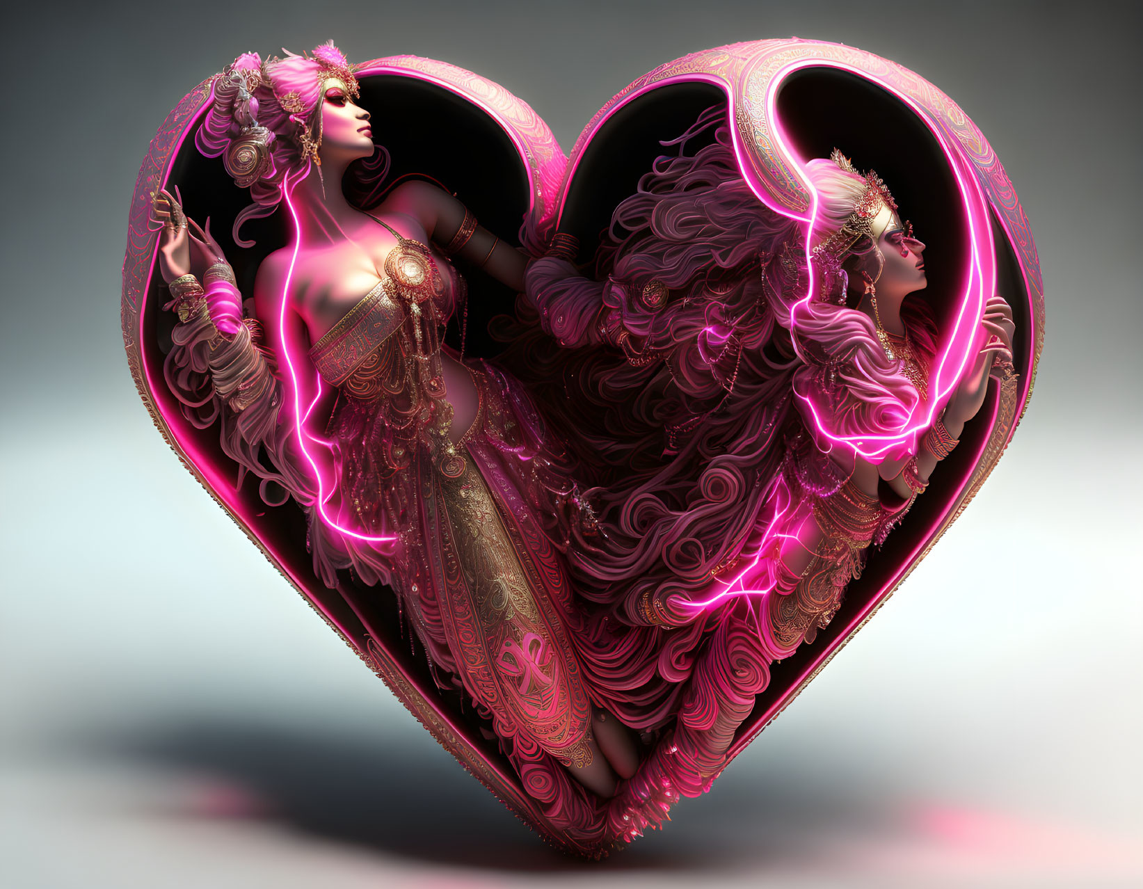 Ornate stylized female figures in heart shape with elaborate hairstyles and flowing gowns in pink and