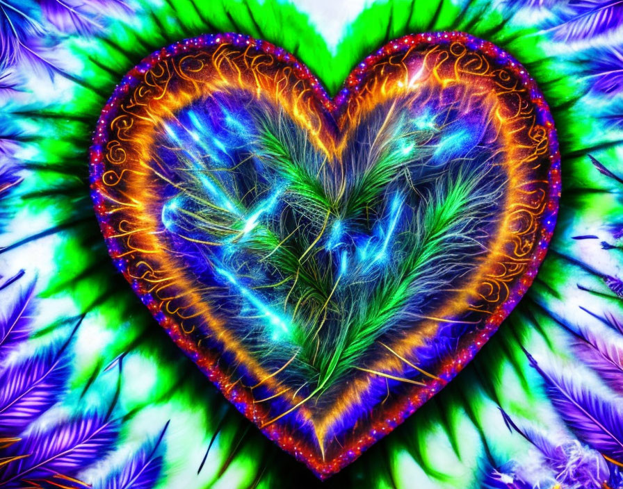 Colorful Heart-Shaped Tie-Dye Pattern with Feather Design