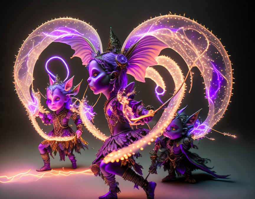 Whimsical purple creatures with illuminated wings and ornate costumes