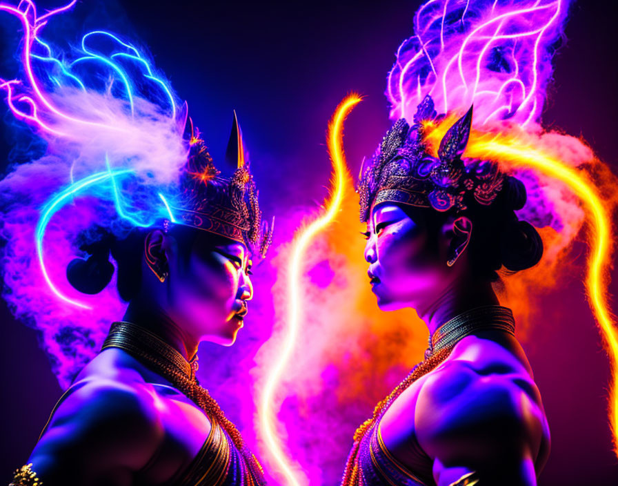 Two individuals in intricate headpieces amid neon lights and swirling smoke.