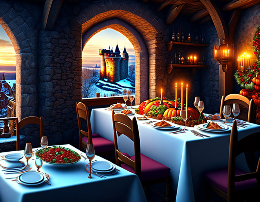 Snowy castle view in festive banquet hall with decorated tables and warm lighting