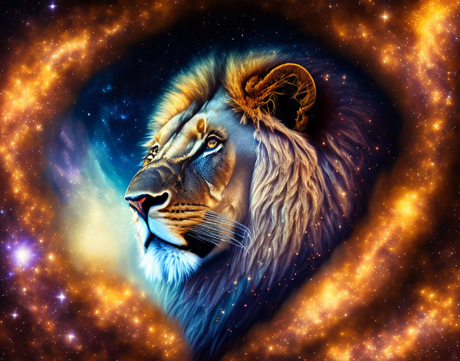 Majestic lion head on cosmic background with stars and nebulae