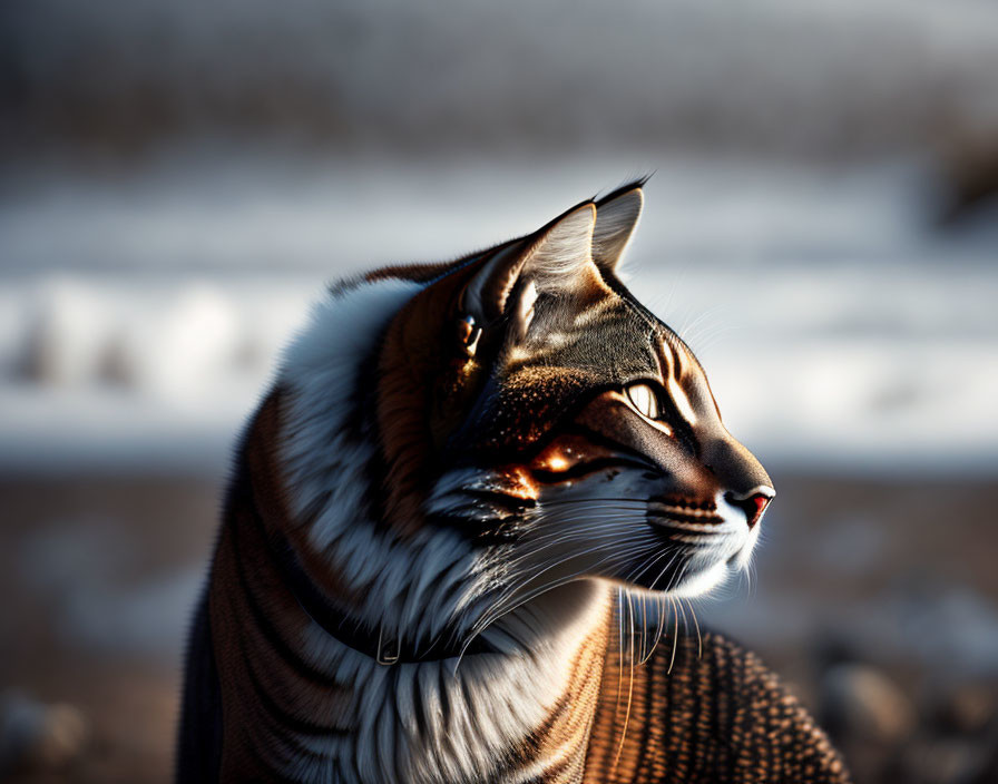 Digitally altered cat with tiger-like stripes in snowy background