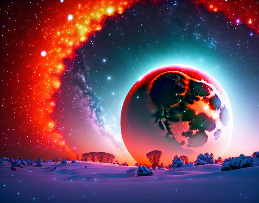 Colorful planet rises over snowy night landscape in digital artwork