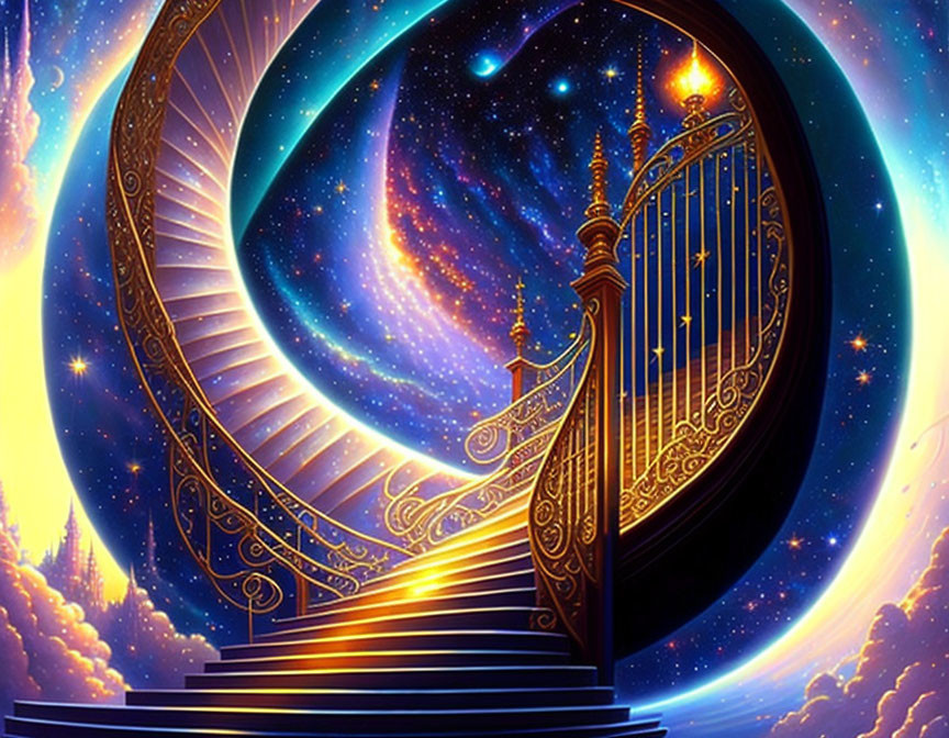 Golden staircase spiraling into starry night sky with celestial gate