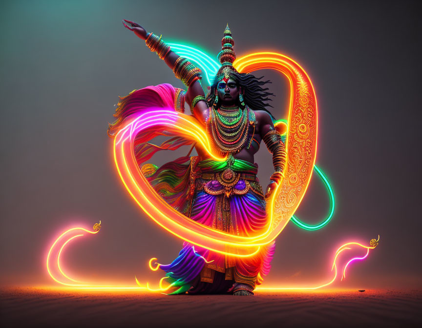 Vibrant multi-armed figure with neon light trails in dynamic pose