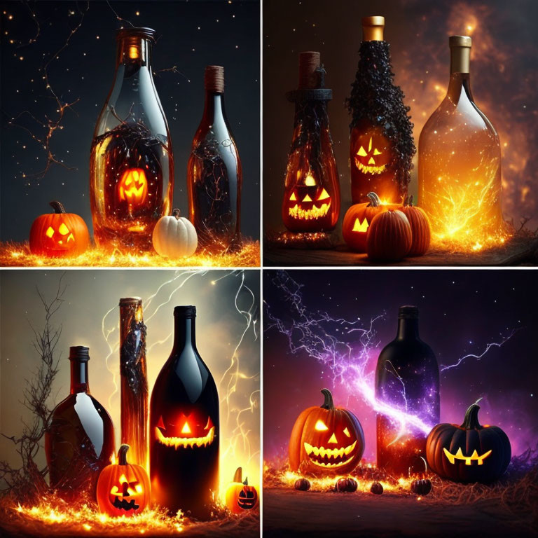 Themed carved pumpkins and decorated bottles with glowing lights on dark Halloween background