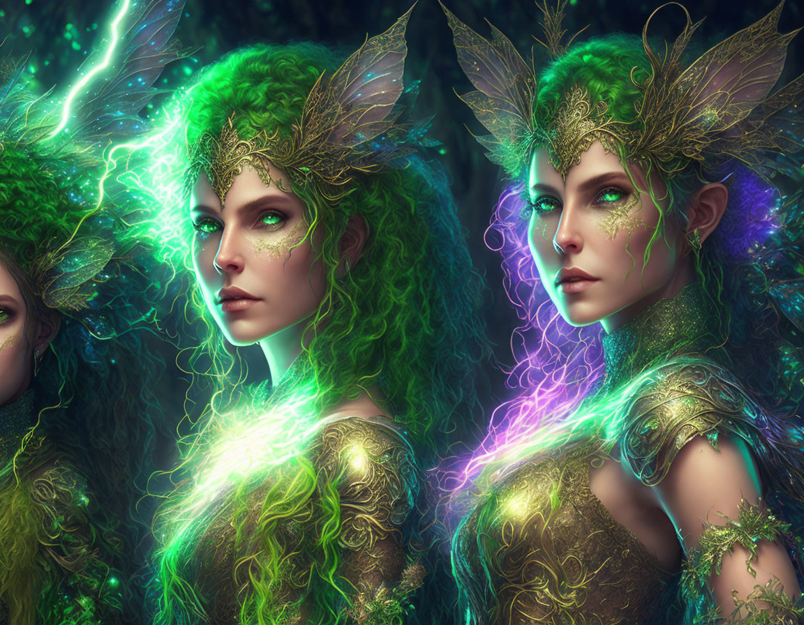 Ethereal women in green and gold attire with elaborate headdresses in magical setting