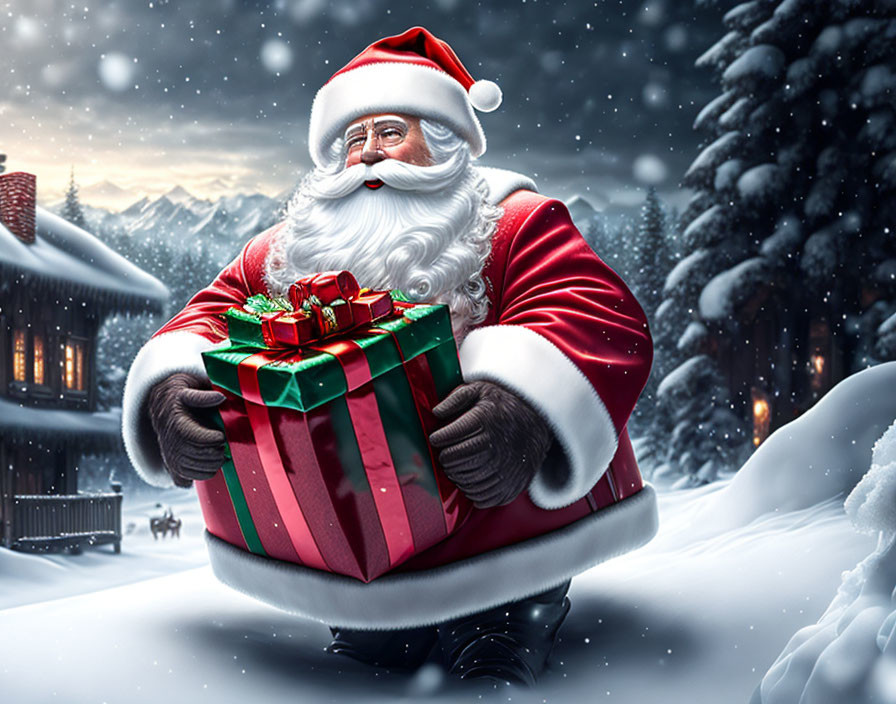 Santa Claus with gift in snowy village at night