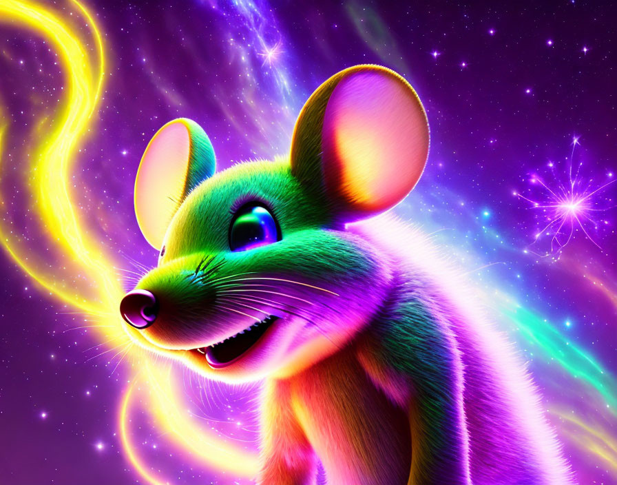 Smiling anthropomorphic mouse in cosmic digital art