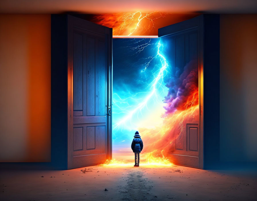 Child stands before dramatic scene with blue lightning and orange sky