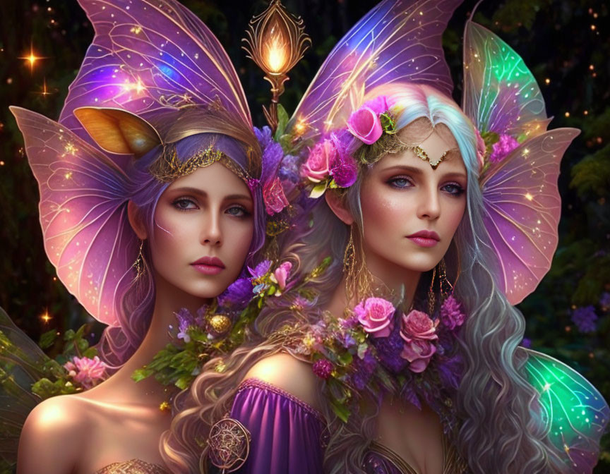 Ethereal beings with pointed ears and translucent wings in mystical forest