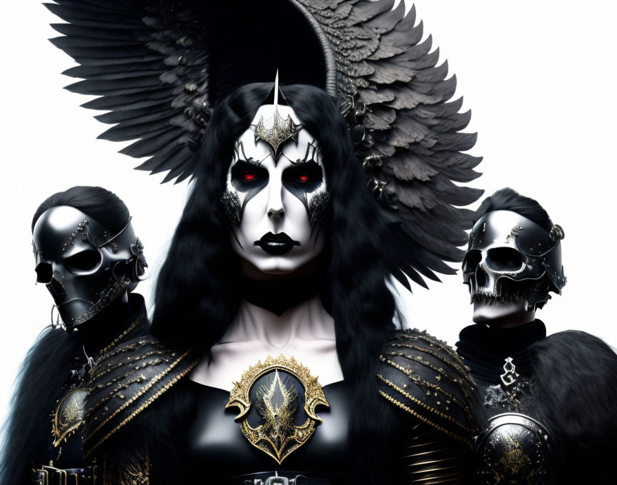 Elaborate dark costumes with skull-like masks and metallic adornments